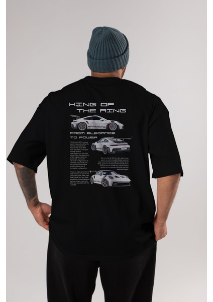 Porsche 911 Kıng Arka Baskılı Oversize T-Shirt Erkek Kadın Unisex Pamuk Bisiklet Yaka