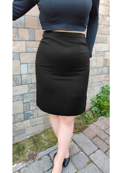 Kısa Arkadan Yırtmaçlı Astarlı Fermuarlı Düğmeli Portoriko Kumaş Kalem Etek fiyatları