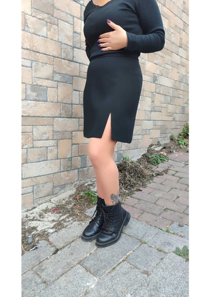 Astarsız Diz Üstünden Yırtmaçlı Portoriko Kunaş Mini Etek Etek Urun Boy 45 cm