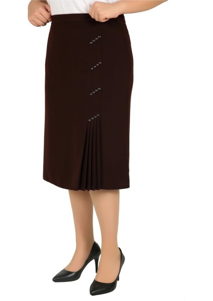 Kısa Büyük Beden Deri Detaylı Astarlı Krep Pileli Etek