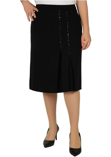 Kısa Büyük Beden Payet Detaylı Pileli Astarlı Krep Etek