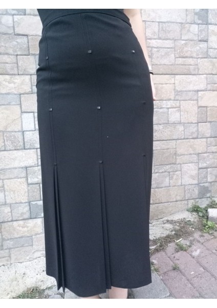 Tesettür Büyük Beden Deri Detaylı Astarlı Pileli Krep Anne Eteği fiyatları