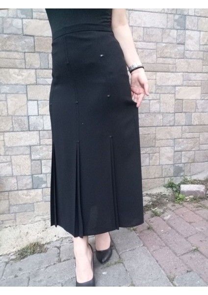 Tesettür Büyük Beden Deri Detaylı Astarlı Pileli Krep Anne Eteği modelleri
