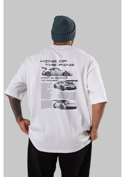 Porsche 911 Kıng Arka Baskılı Oversize T-Shirt Erkek Kadın Unisex Pamuk Bisiklet Yaka