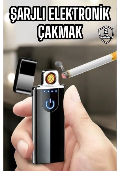 Şarjlı Elektronik Çakmak Dokunmatik Metal Uçlu Alevsiz USB Şarjlı