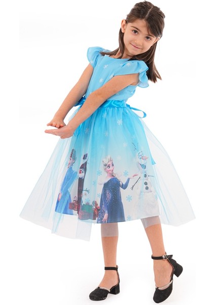 Elsa Tüllü Fiyonklu Parti Doğum Günü Elbisesi Frozen Karlar Ülkesi Elbisesi