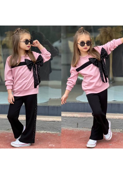Kurdela ve Taş Detalı 2'li Alt-Üst Kız Takım Pudra-Siyah Renk