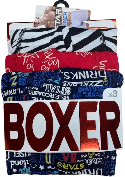Star 106 Desenli Pamuklu Kemer Likralı 3'lü Boxer