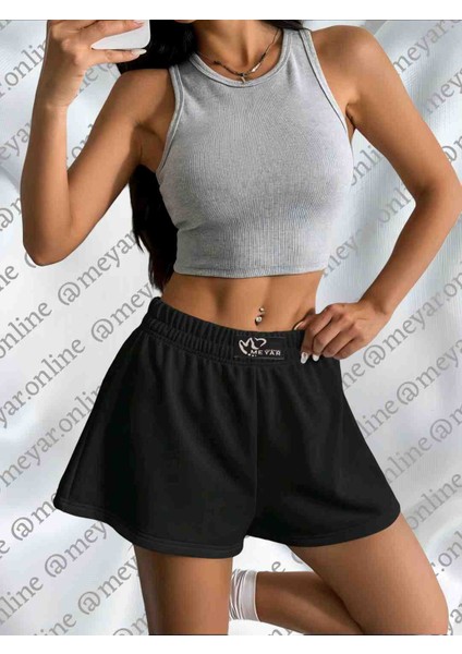Kadın Beyaz Yüksek Bel Relax Fit Mini Örme Şort