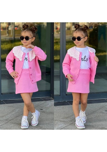 Kız Çocuk 3'lü Etekli Kapitone Takım Pembe Renk modelleri