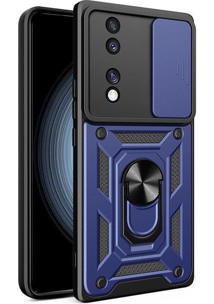 Honor 70 Uyumlu Kılıf Magnetik Standlı Kamera Korumalı Zore Sürgülü Vega Kapak-Mavi