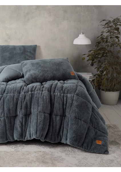 Çift Kişilik Peluş Yorgan Seti Gri