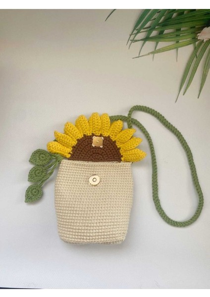 Ayçiçeği Yaprak Detay Manyetik Çıtçıtlı Örgü Çanta ve Ayçiçeği Taç Set