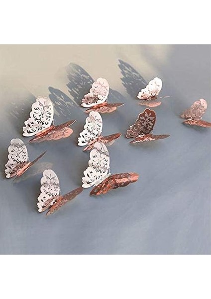 Ev Dekorasyon 3D Metalik Bakır Renk Oyma Pvc Kelebek 12 Li Süsleme Model Q3
