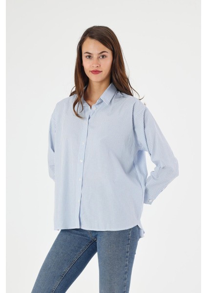Kadın Çizgili Sırtı Düğme Detaylı Oversize/geniş Kalıp Dokuma Gömlek 5186/75