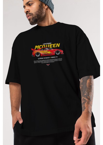 Lightning Mqueen Ön Baskılı Oversize T-Shirt Erkek Kadın Unisex Pamuk Bisiklet Yaka
