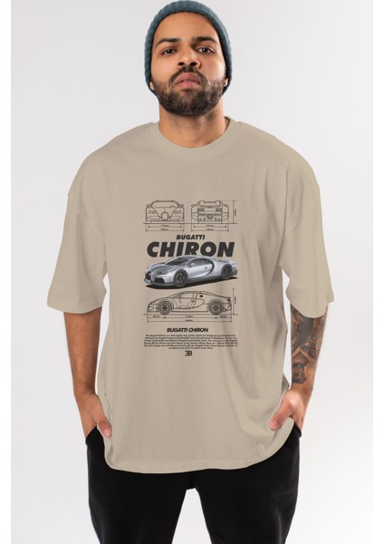 Bugattı Chıron 1 Ön Baskılı Oversize T-Shirt Erkek Kadın Unisex Pamuk Bisiklet Yaka Tişort