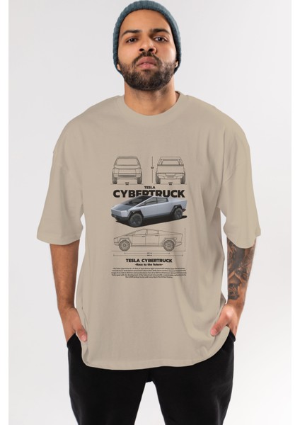 Tesla Cybertruck Ön Baskılı Oversize T-Shirt Erkek Kadın Unisex Pamuk Bisiklet Yaka Tişort
