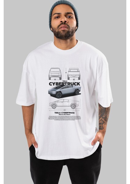 Tesla Cybertruck Ön Baskılı Oversize T-Shirt Erkek Kadın Unisex Pamuk Bisiklet Yaka