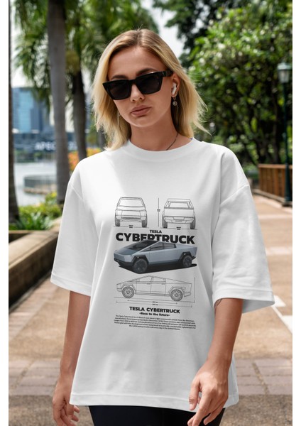 Tesla Cybertruck Ön Baskılı Oversize T-Shirt Erkek Kadın Unisex Pamuk Bisiklet Yaka indirimleri
