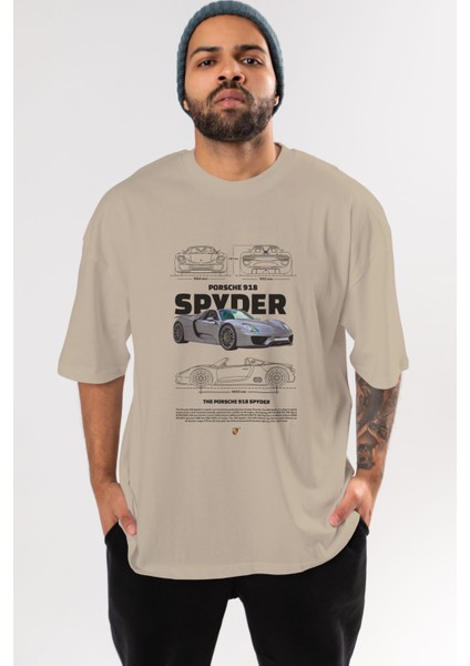 Porsche 918 Spyder 3 Ön Baskılı Oversize T-Shirt Erkek Kadın Unisex Pamuk Bisiklet Yaka Tişort
