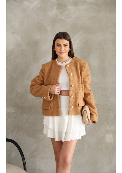 Premium Camel Rengi Inci Düğmeli Astarlı Kol Detaylı Tüylü Ceket