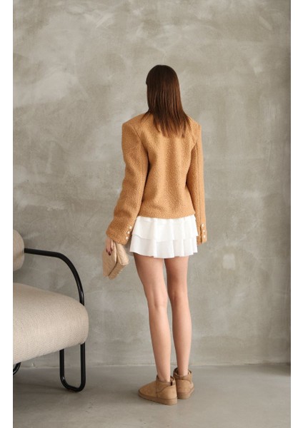 Premium Camel Rengi Inci Düğmeli Astarlı Kol Detaylı Tüylü Ceket modelleri