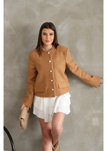 Premium Camel Rengi Inci Düğmeli Astarlı Kol Detaylı Tüylü Ceket fiyatları