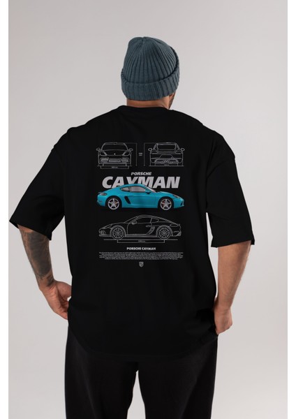 Porsche Cayman Blue Arka Baskılı Oversize T-Shirt Erkek Kadın Unisex Pamuk Bisiklet Yaka