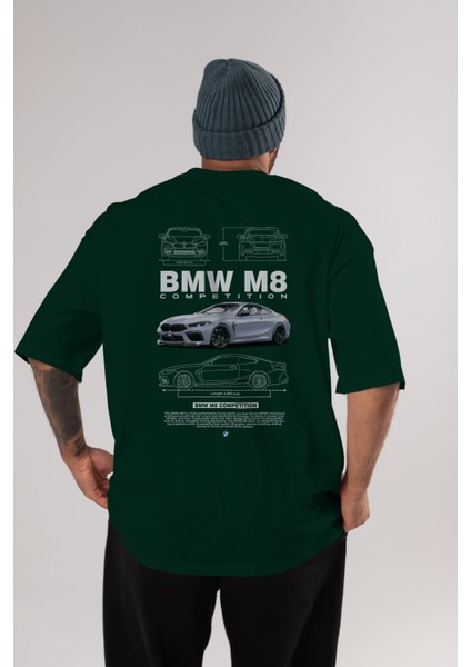 Bmw M8 Arka Baskılı Oversize T-Shirt Erkek Kadın Unisex Pamuk Bisiklet Yaka Tişort