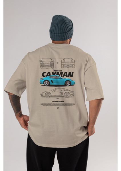 Porsche Cayman Blue Arka Baskılı Oversize T-Shirt Erkek Kadın Unisex Pamuk Bisiklet Yaka Tişort