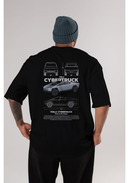Tesla Cybertruck Arka Baskılı Oversize T-Shirt Erkek Kadın Unisex Pamuk Bisiklet Yaka