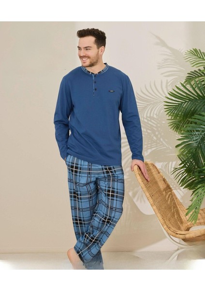 Erkek Pamuklu Düğme Yaka Uzun Kol Ince Pijama Takımı 100/4 - 1 Adet