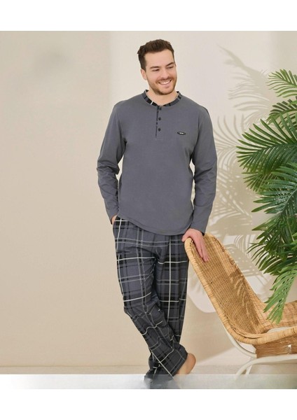 Erkek Pamuklu Düğme Yaka Uzun Kol Ince Pijama Takımı 100/3 - 1 Adet