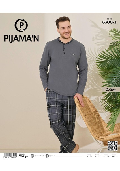 Erkek Pamuklu Düğme Yaka Uzun Kol Ince Pijama Takımı 100/3 - 1 Adet