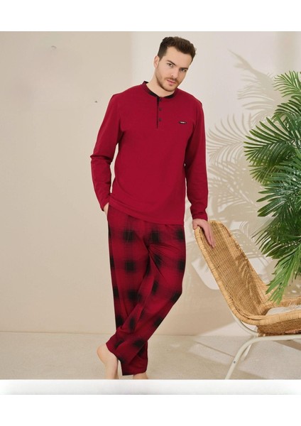 Erkek Pamuklu Düğme Yaka Uzun Kol Ince Pijama Takımı 100/7 - 1 Adet