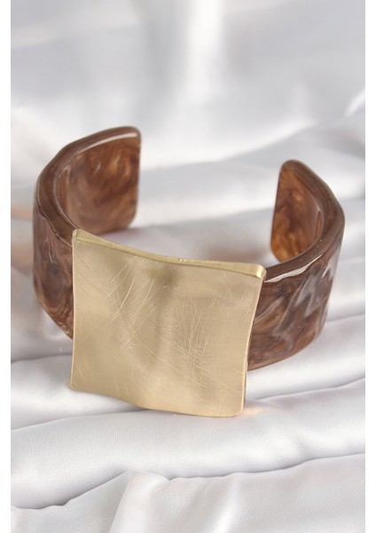 Kahverengi Mermer Desen Akrilik Plastik Gold Kare Plaka Model Vintage Kadın Bilezik - Lisinya