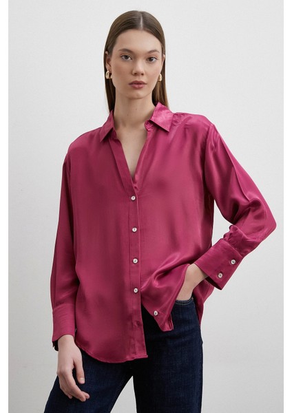 Floş Basic Saten Gömlek Mürdüm