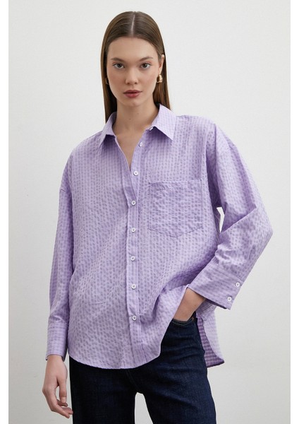 Gofre Kareli Gömlek Mor