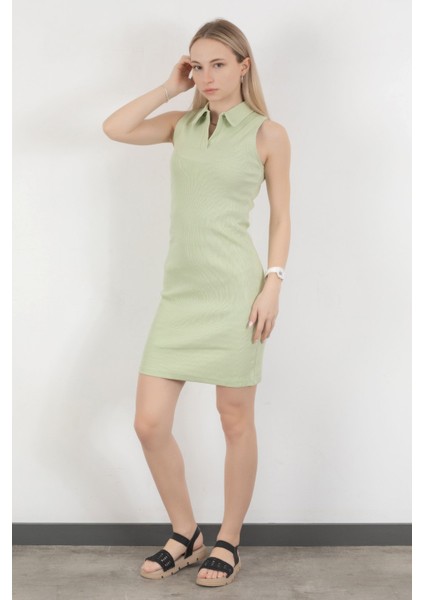 Kadın Polo Yaka Kolsuz Vücuda Oturan Elbise Yeşil - 10048