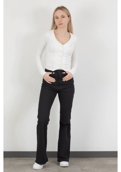 Kadın Yüksek Bel İspanyol Paça Jean Siyah - 2038-612