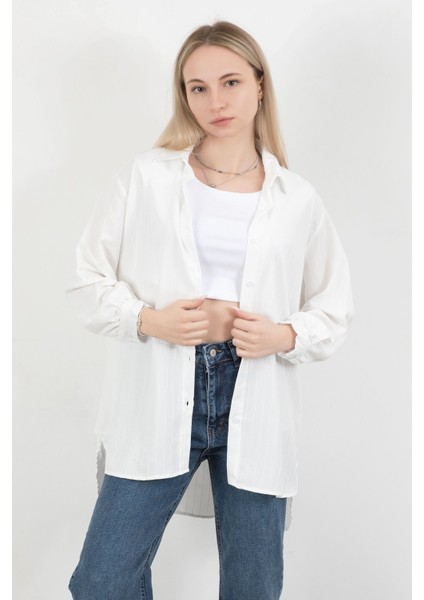 Kadın Çizgili Uzun Kol Regular Fit Gömlek Beyaz - 25564 fiyatları