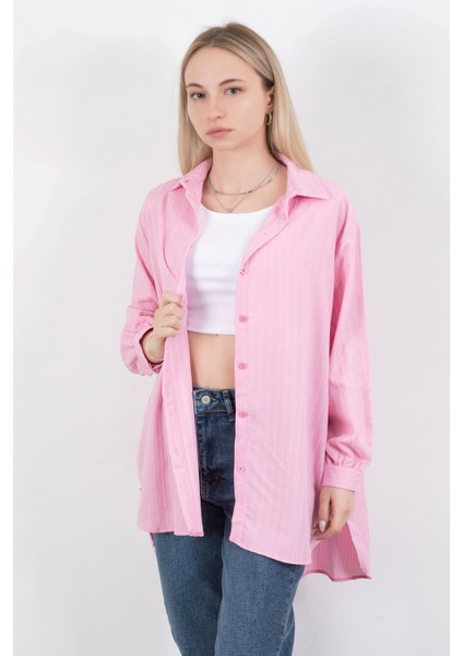 Kadın Çizgili Uzun Kol Regular Fit Gömlek Gri - 25564