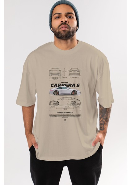 Porsche Carrera S Ön Baskılı Oversize T-Shirt Erkek Kadın Unisex Pamuk Bisiklet Yaka Tişort
