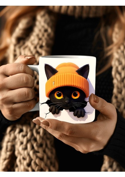 Bereli Kedi Çatlak Duvar Temalı 3 Boyutlu Tasarım Seramik Kupa Mug