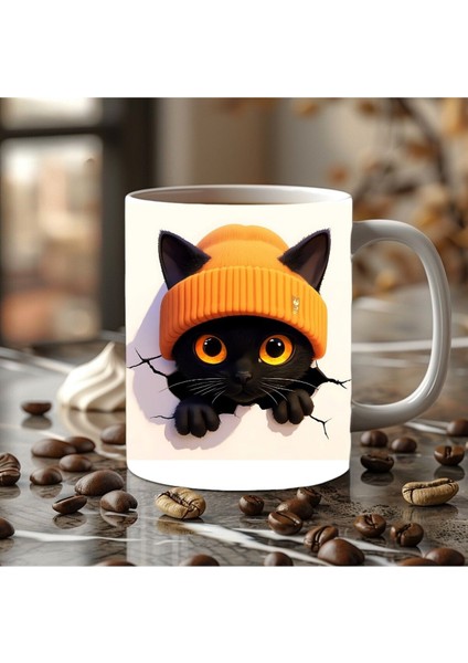 Bereli Kedi Çatlak Duvar Temalı 3 Boyutlu Tasarım Seramik Kupa Mug