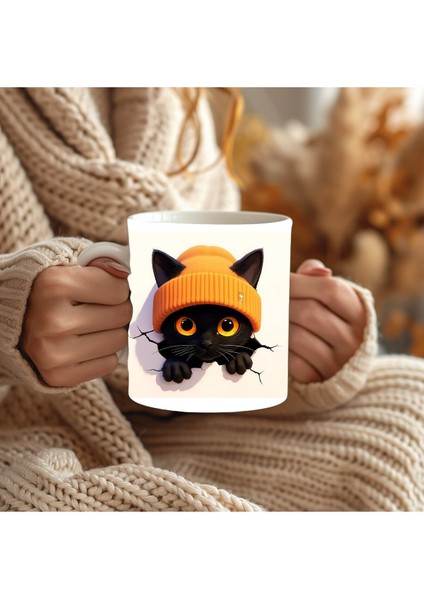 Bereli Kedi Çatlak Duvar Temalı 3 Boyutlu Tasarım Seramik Kupa Mug