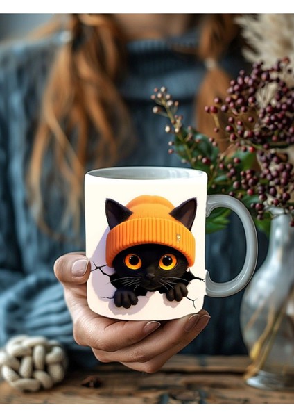 Bereli Kedi Çatlak Duvar Temalı 3 Boyutlu Tasarım Seramik Kupa Mug