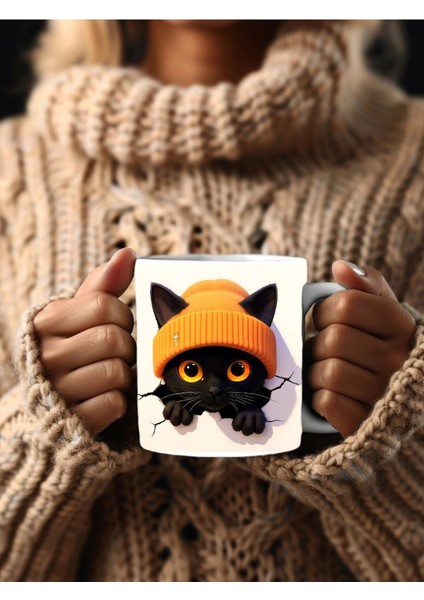 Bereli Kedi Çatlak Duvar Temalı 3 Boyutlu Tasarım Seramik Kupa Mug