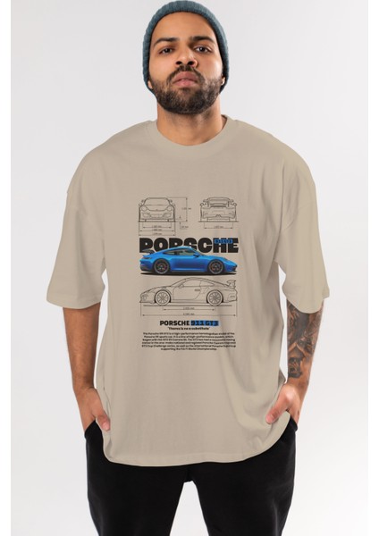 Porsche 911 Gt3 Ön Baskılı Oversize T-Shirt Erkek Kadın Unisex Pamuk Bisiklet Yaka Tişort